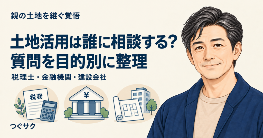 土地活用の相談先として税理士・金融機関・建設会社への質問を目的別に整理した記事のアイキャッチ