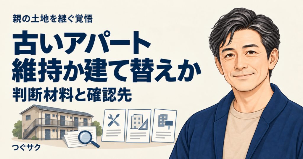 古いアパートの維持や建て替えを考えるため、建物と資料を確認するイラスト
