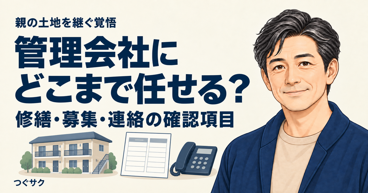 管理会社へ任せる業務と所有者の確認事項を整理するための、建物・分担表・電話のイラスト