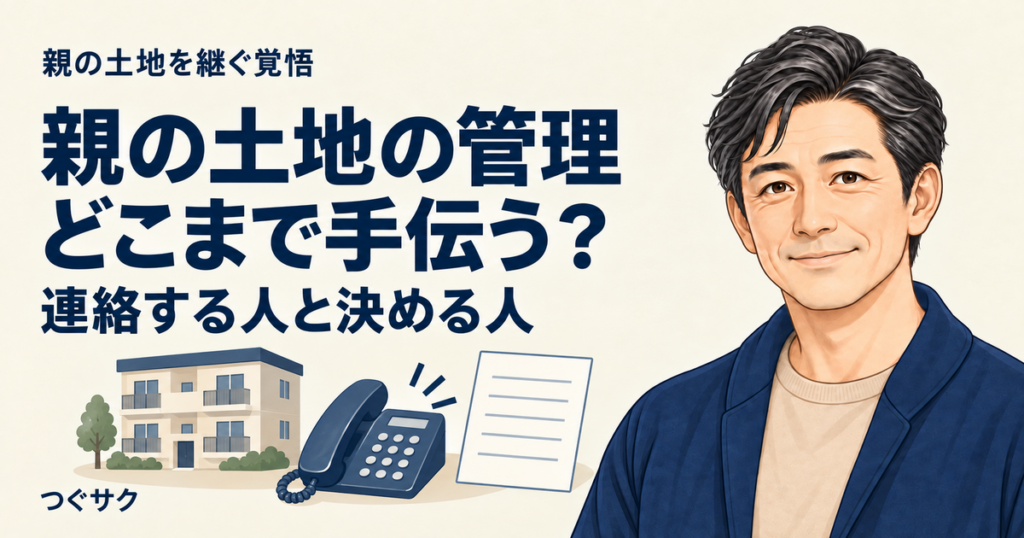 親の土地の管理で連絡する人と決める人を整理するための、建物・電話・未記入メモのイラスト