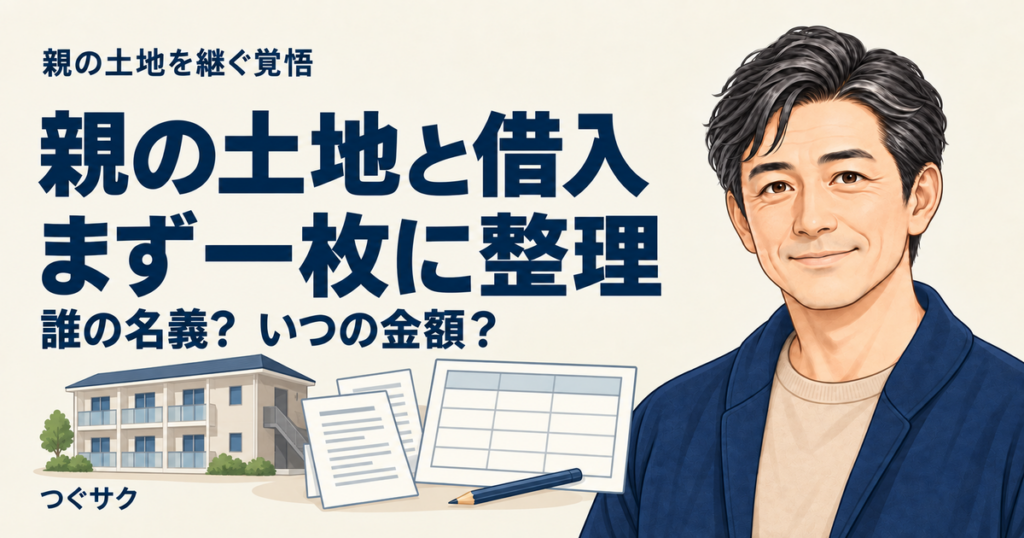 親の土地や賃貸物件・借入の情報を整理するための、建物・書類・未記入の一覧表と鉛筆のイラスト