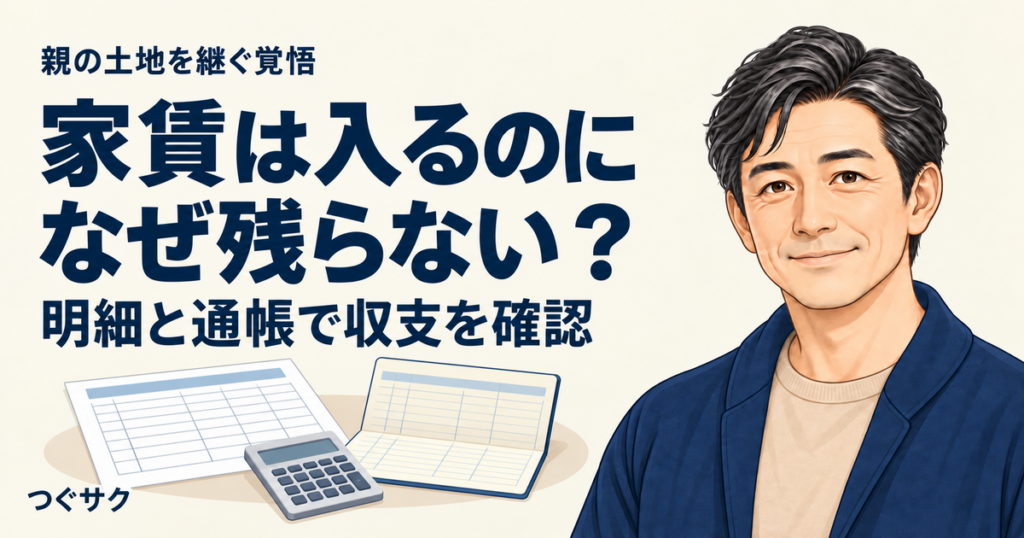 家賃の振込額とお金の流れを確認するための、送金明細・通帳・電卓のイラスト