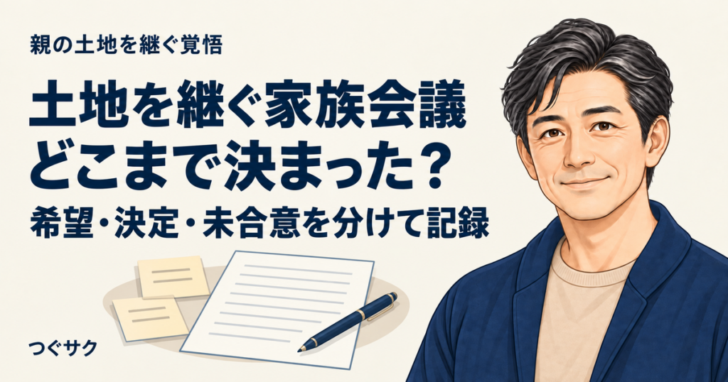 土地を継ぐ家族会議の希望・決定事項・未合意を整理するための、記録用紙・ペン・付箋のイラスト