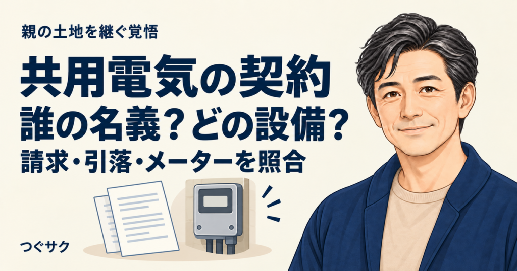共用電気の契約名義と設備の対応を確認するための、請求書と電力メーターのイラスト