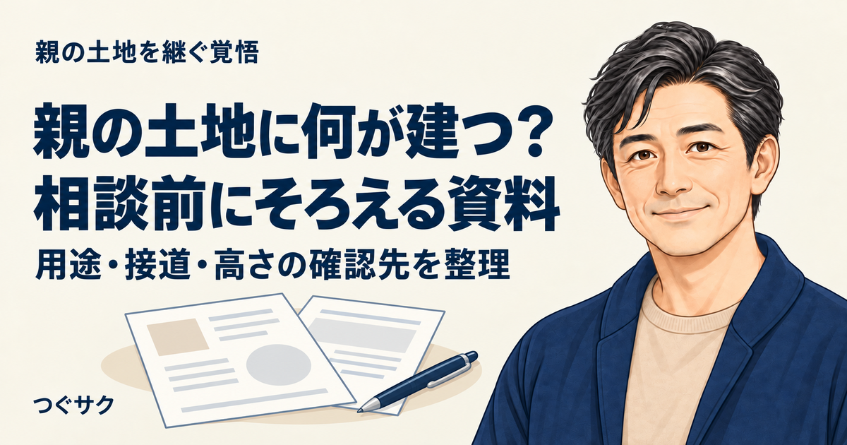 親の土地の用途・接道・高さを相談する前に資料を整理するための、図面用紙とペンのイラスト