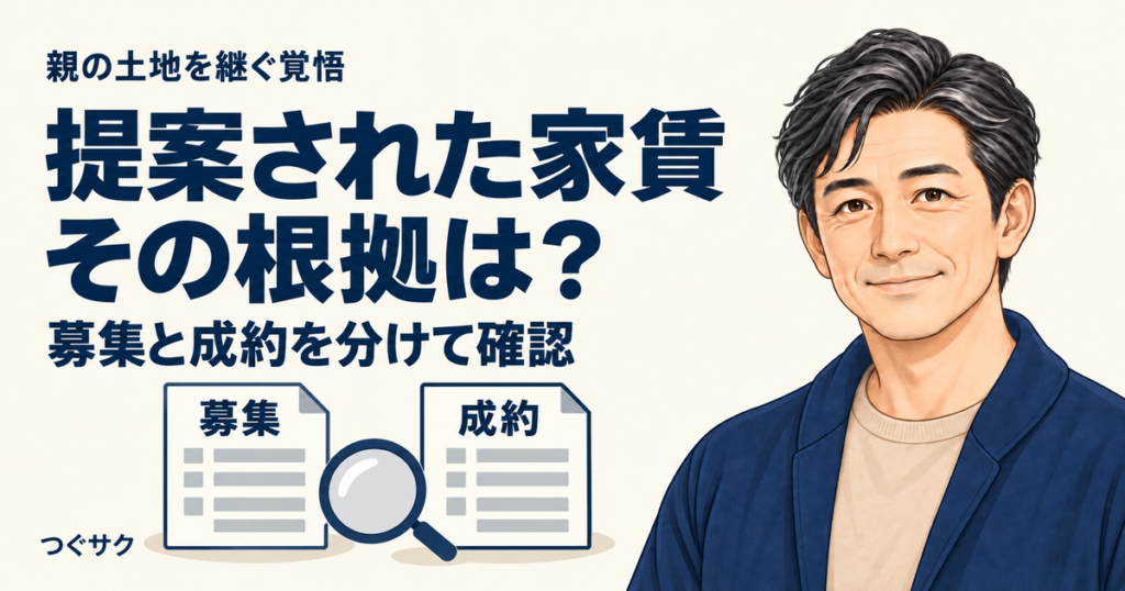 募集と成約の資料を分け、提案された家賃の根拠を確認するイラスト