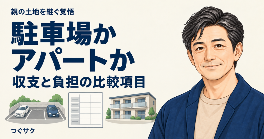 駐車場とアパートの収支や負担を比較するための、駐車場・建物・比較表のイラスト