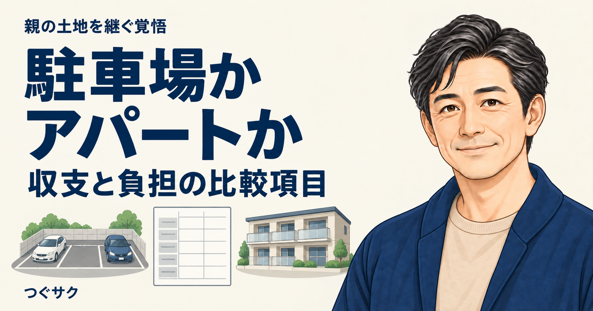 駐車場とアパートの収支や負担を比較するための、駐車場・建物・比較表のイラスト