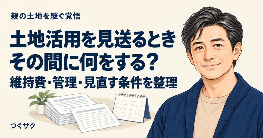 土地活用を見送る間の維持費・管理・見直す条件を整理するための、管理記録用紙とカレンダーのイラスト
