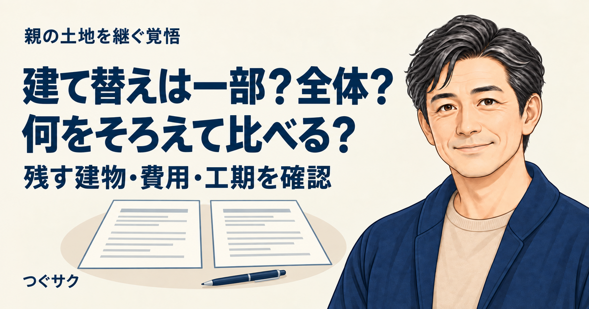 一部案と全体案の建て替え範囲・費用・工期を比較するための、用紙2枚とペンのイラスト
