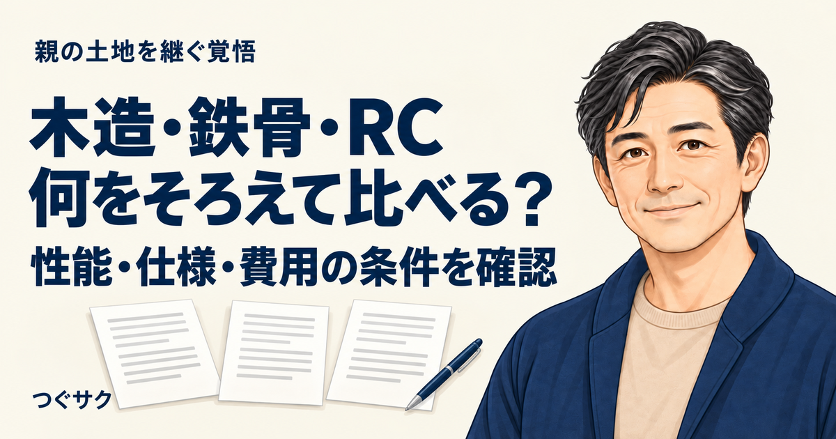 木造・鉄骨・RCの性能・仕様・費用の比較条件を確認するための、用紙3枚とペンのイラスト