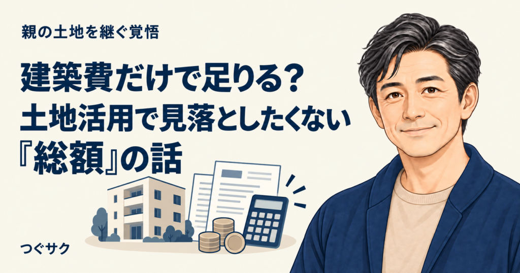建築費だけで足りる？土地活用で見落としたくない「総額」の話。つぐサクと建物・書類・電卓のイラスト。
