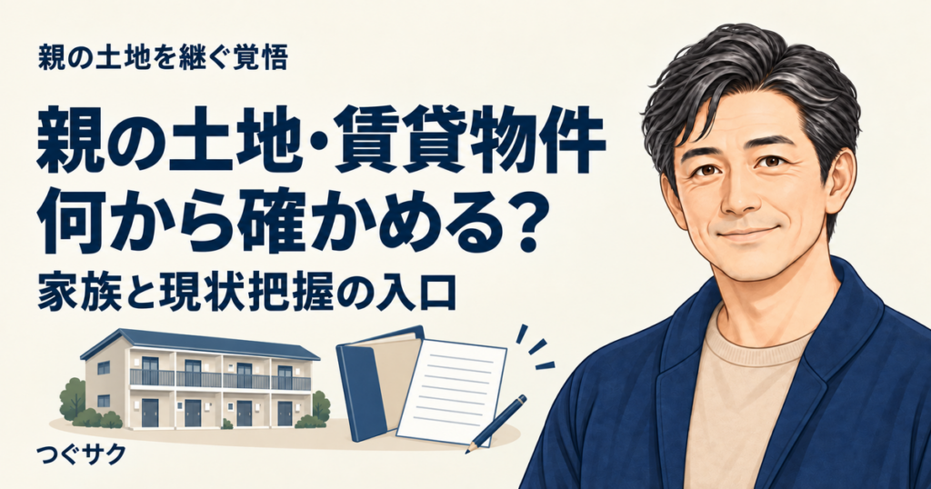親の土地や賃貸物件の現状を確認するための、建物・書類フォルダー・メモのイラスト