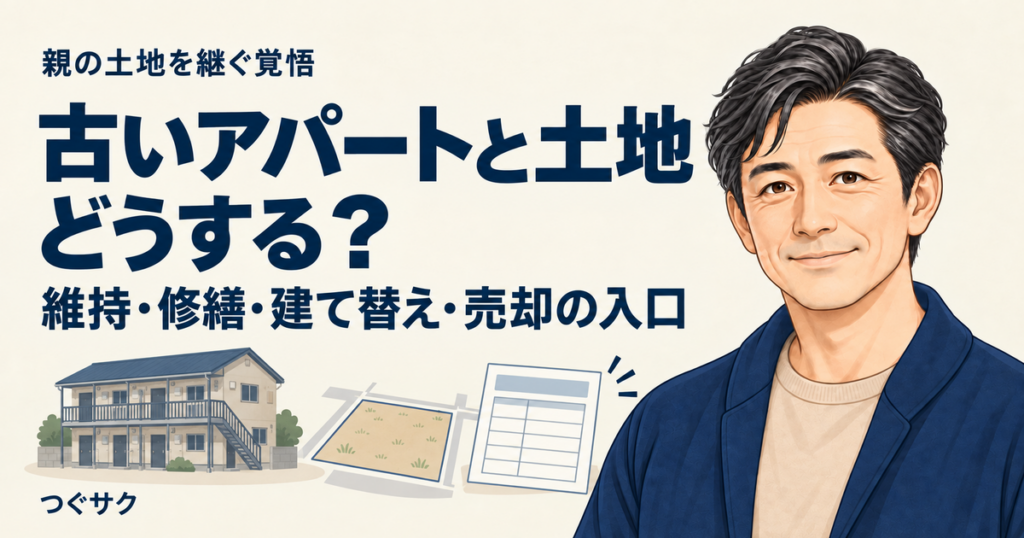 古いアパートと土地の使い方を考えるための、建物・土地図・未記入の比較表のイラスト