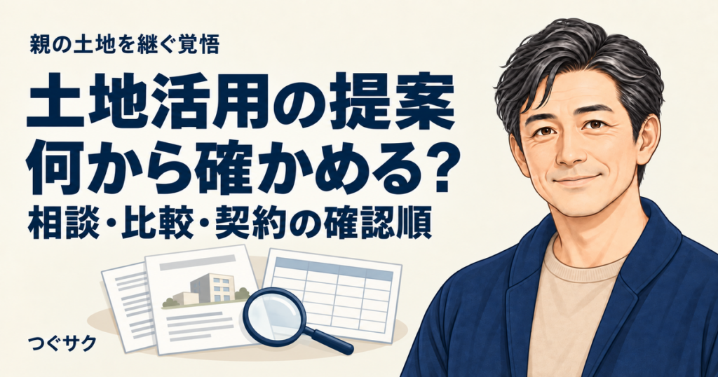 土地活用の提案を確認する順序を整理するための、提案資料・記入表・虫眼鏡のイラスト