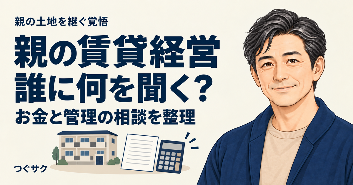 親の賃貸経営のお金と管理について相談するための、賃貸建物・相談メモ・電卓のイラスト