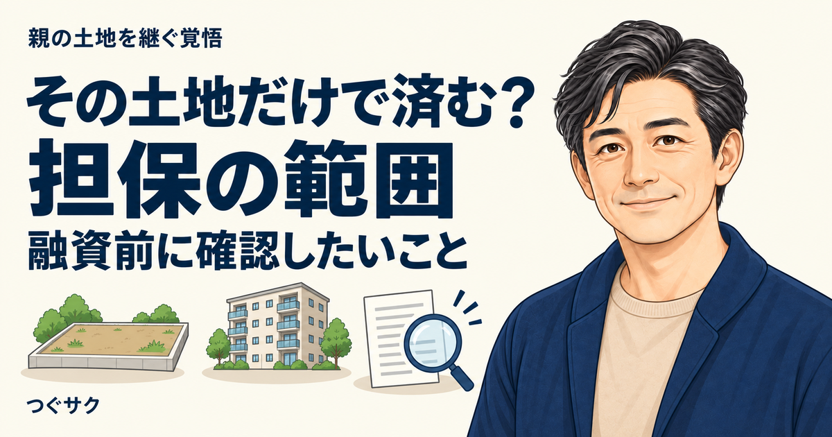 融資前に担保の範囲を確認するための、土地・建物・資料のイラスト