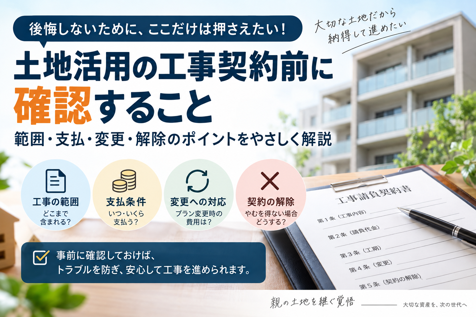 土地活用の工事契約前に確認すること。工事の範囲、支払条件、変更への対応、契約の解除。
