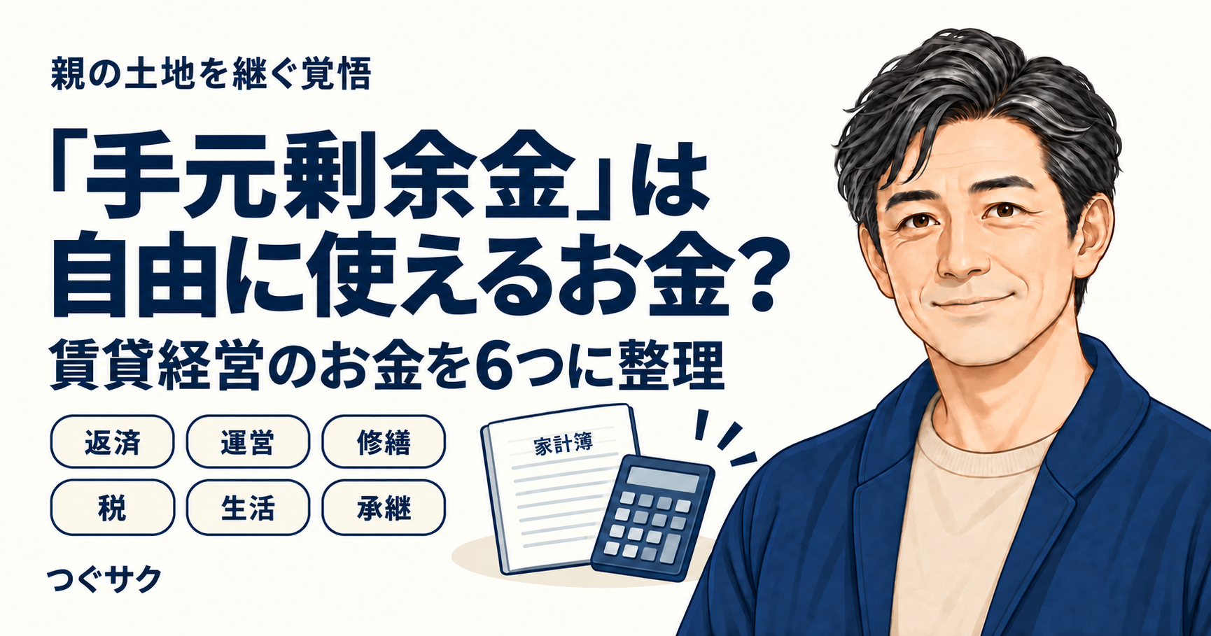 「手元剰余金」は自由に使えるお金？ 賃貸経営のお金を返済・運営・修繕・税・生活・承継の6つに整理。つぐサクと家計簿・電卓のイラスト。