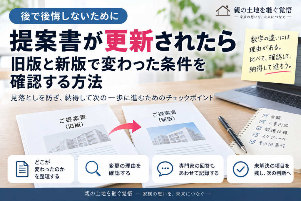 提案書が更新されたら、旧版と新版で変わった条件を確認。変更点・回答・未確認事項を整理する。